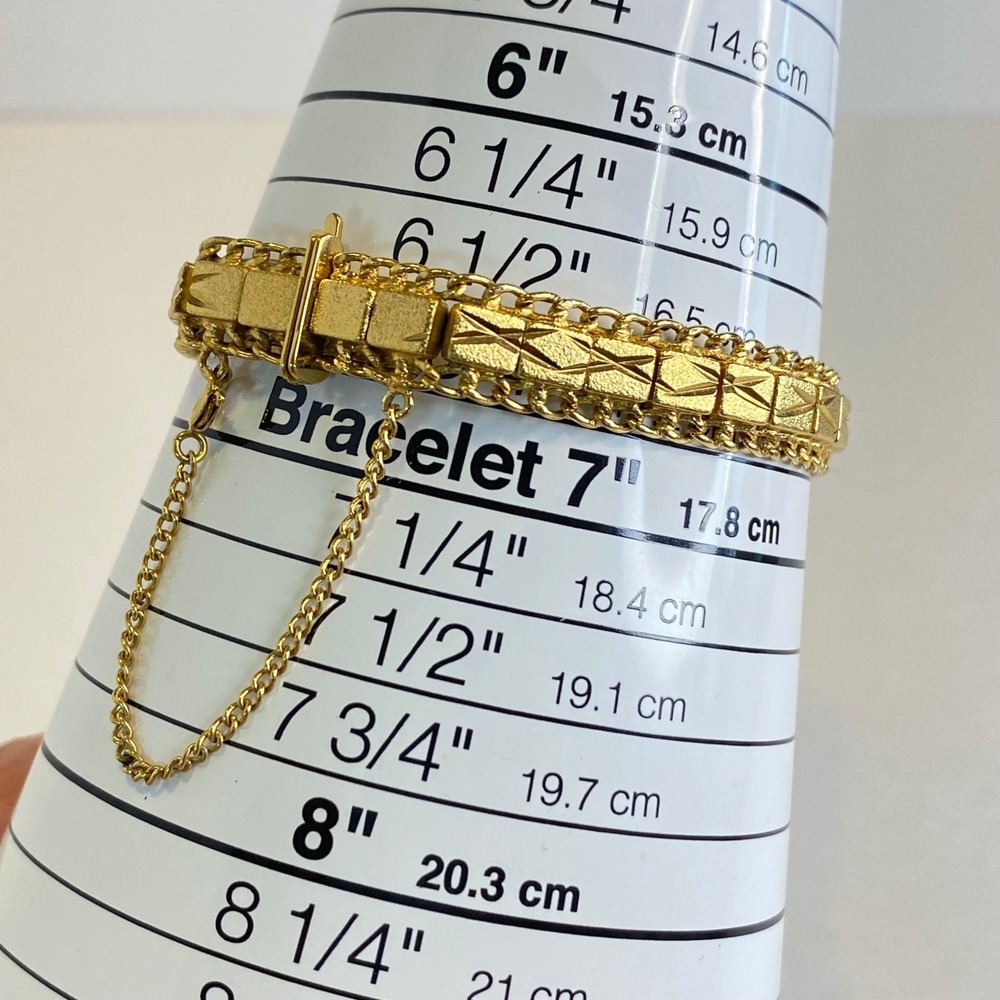 Vintage Gold Tone Geometric Link Bracelet Etched Rope Safety Chain 6.5" Retro - Picture 3 of 11